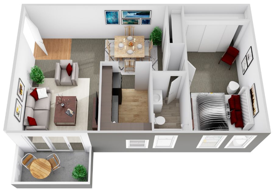 single bedroom 3d floorplan with customized furniture