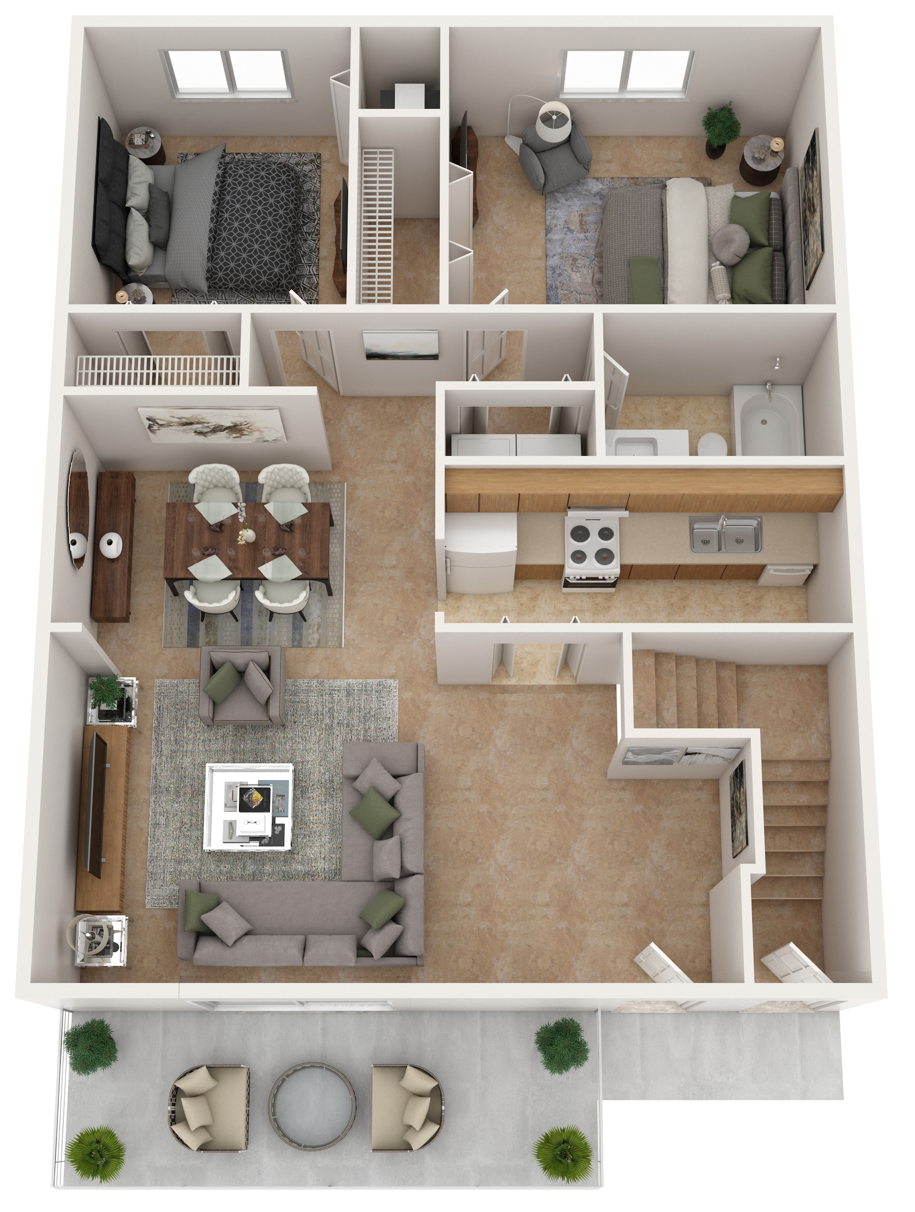 two bedroom 3d floorplan with customized furniture