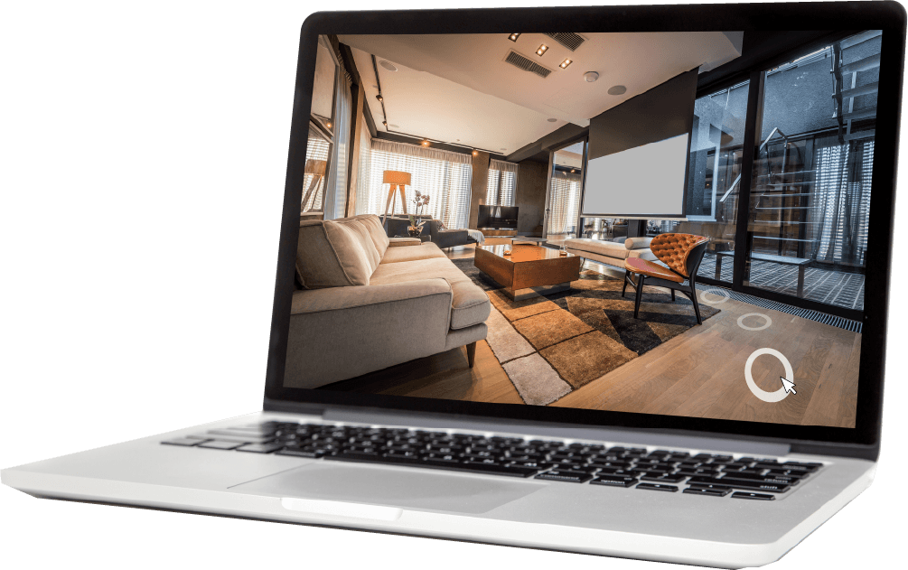 laptop screen displaying matterport virtual apartment walk through