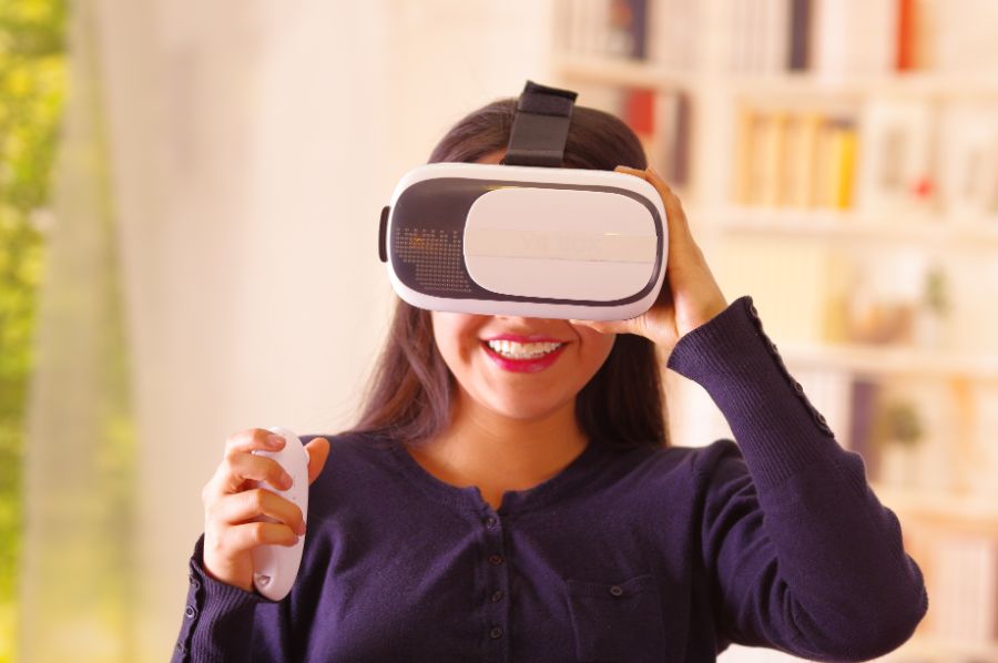 person wearing VR headset going through virtual Matterport tour